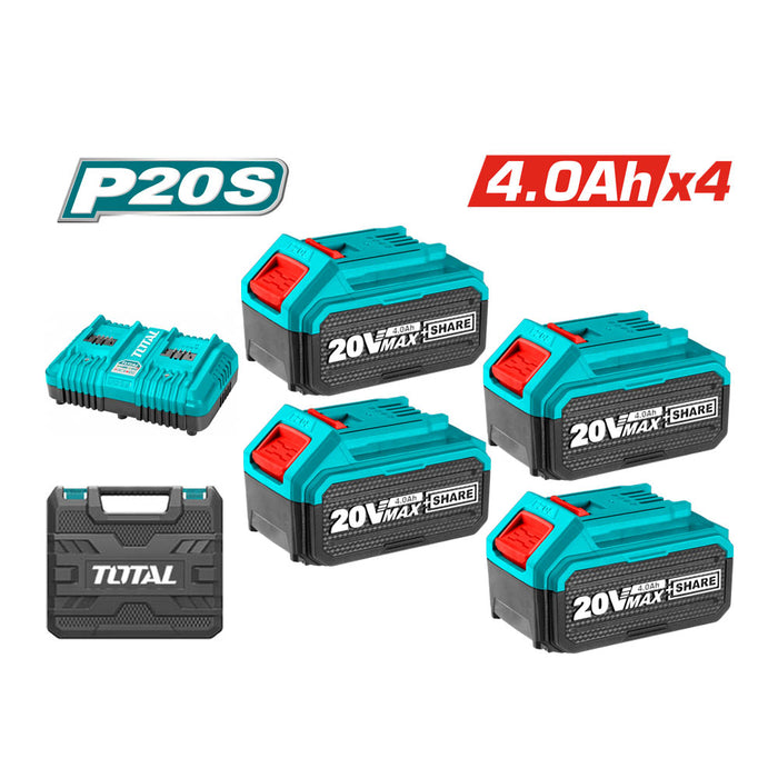 Combo 4 baterias 20V 4ah + cargador rapido doble 20V TOTAL - Herramientas Inalámbricas