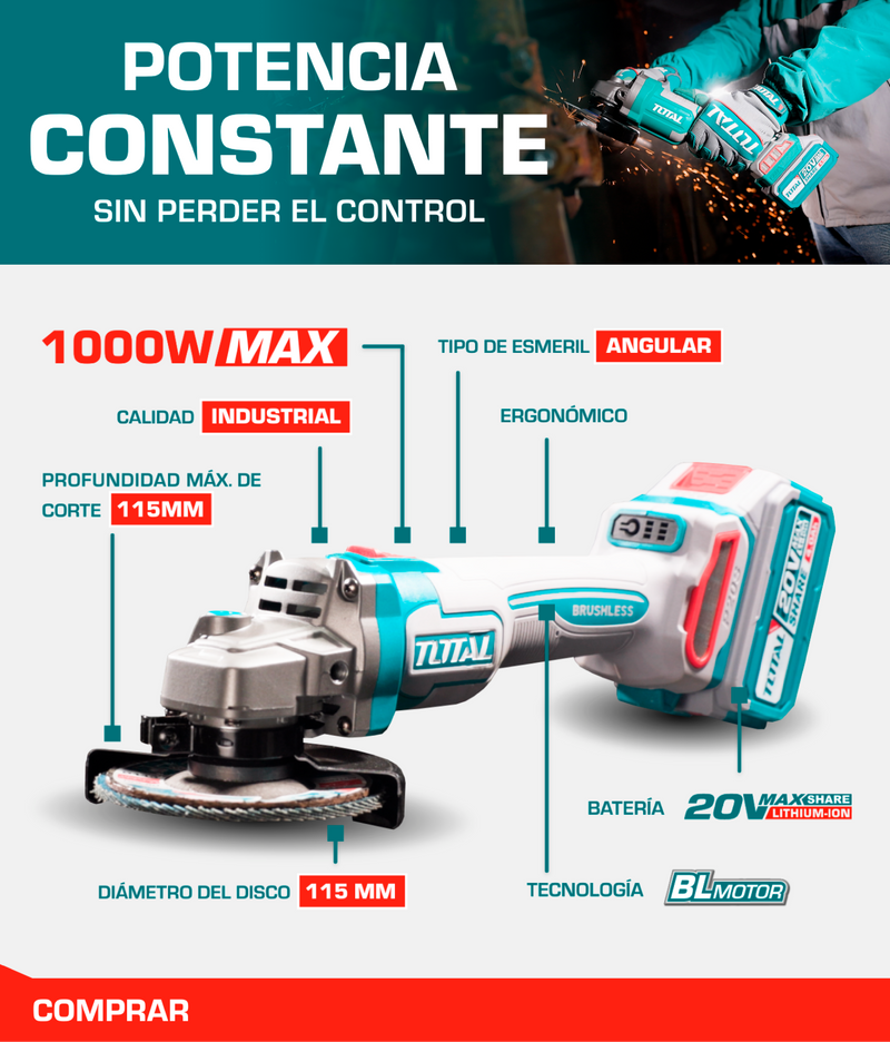 Esmeril Angular Brushless 20V 1000w - Total Tools