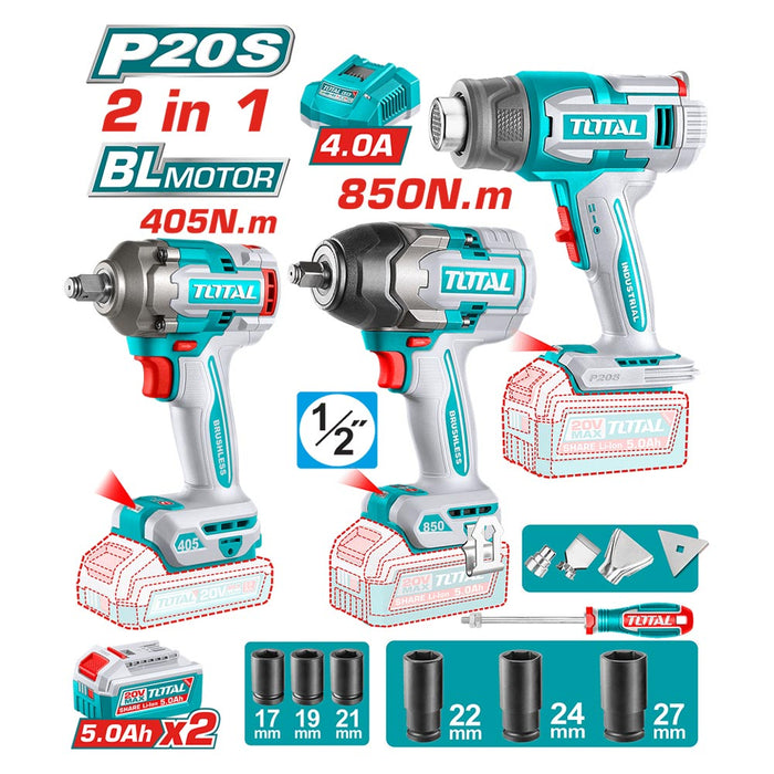 Kit 2 Llaves de Impacto 850Nm y 405Nm + Pistola de Calor 550°C + Accesorios Total