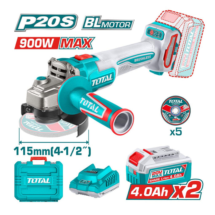 Esmeril Angular Inalámbrico 900W 20V + Baterías y Cargador