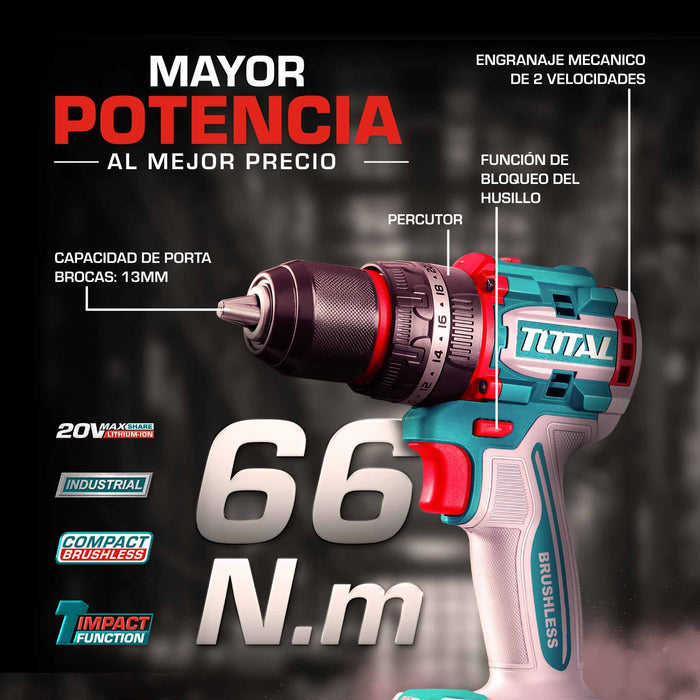 Taladro Inalámbrico Percutor Brushless 20V 13mm 66Nm+ 2 Bat 2ah + Cargador + 47 Accesorios Total