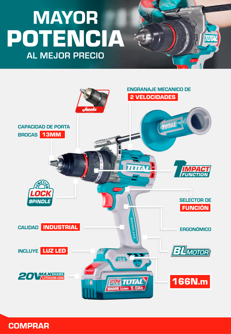 Taladro percutor  Brushless 166nm TIDLI201668 - Total Tools