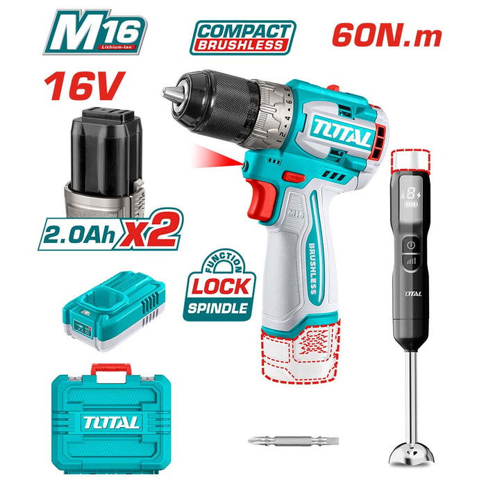 Taladro Compacto Brushless + Minipimer + 2 Baterías 2ah 16v + Cargador + 2 Accesorios TOTAL