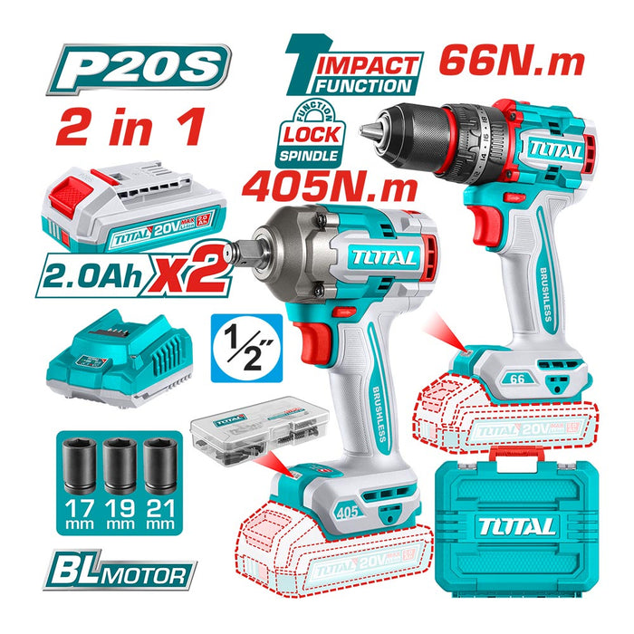 Kit Taladro Percutor 66Nm + Llave Impacto 405Nm 20V + Acc