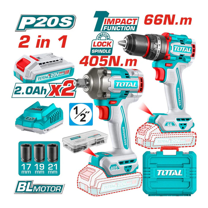 Kit Inalámbrico 20V Taladro y Llave de Impacto Total Tools