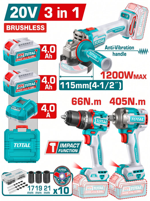 Kit Taladro 66Nm + Llave de Impacto 405Nm + Esmeril 1200W 20V