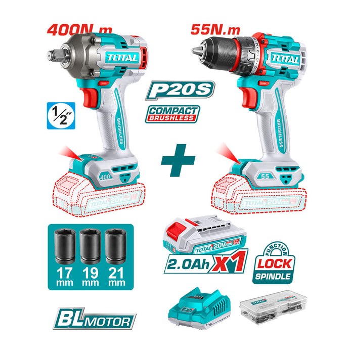 Kit Llave de Impacto + Taladro 55Nm + Accesorios Total