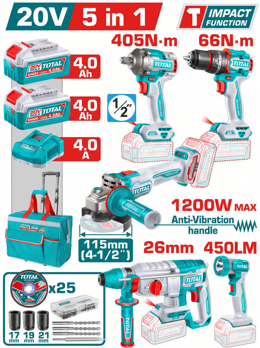 Kit 5 Herramientas Inalámbricas 20V Total + Accesorios