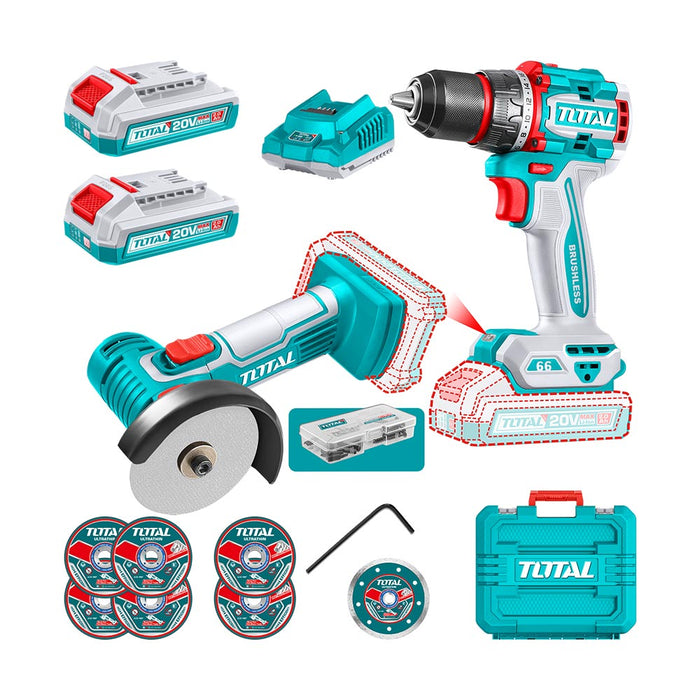 Kit 20V Taladro Inalámbrico 66Nm + Mini Esmeril 76mm + 2 Bat y Carg Total