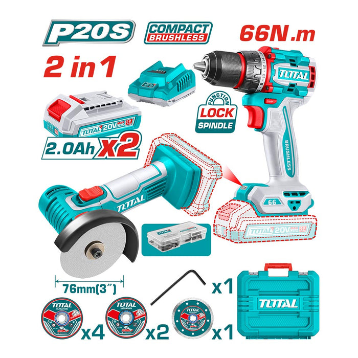 Kit 20V Taladro Inalámbrico 66Nm + Mini Esmeril 76mm + 2 Bat y Carg Total