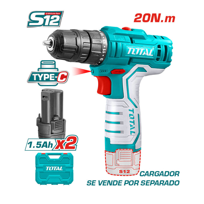 Taladro Inalámbrico 12V 10mm + 2 Bat 1.5ah tipo C + Broca Total