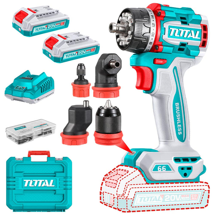 Taladro Atornillador Inalámbrico + 2 Baterías y Cargador Brushless 20V 66 Nm Total Tools