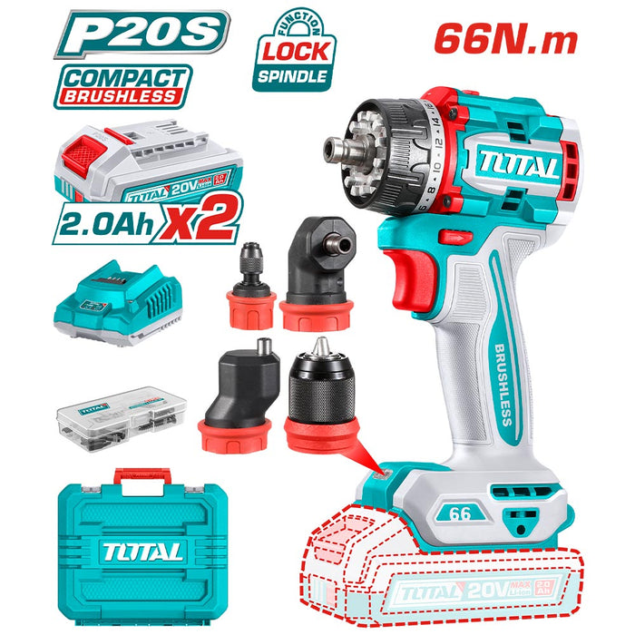 Taladro Atornillador Inalámbrico + 2 Baterías y Cargador Brushless 20V 66 Nm Total Tools