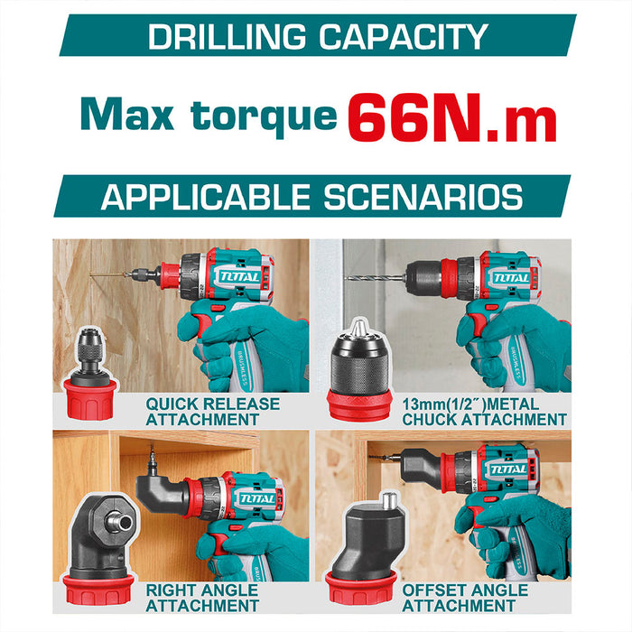 Taladro Multicabezal Inalámbrico + 2 Baterías y Cargador Brushless 20V 66 Nm Total Tools