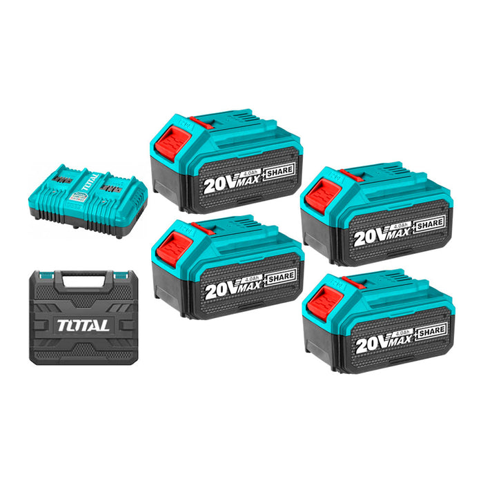 Combo 4 baterias 20V 4ah + cargador rapido doble 20V TOTAL - Herramientas Inalámbricas