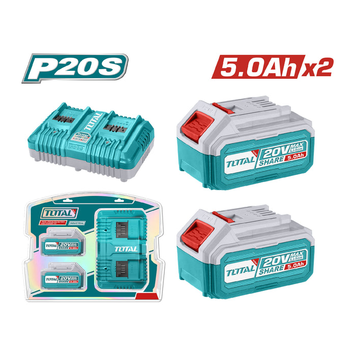 Pack 2 Baterías 5ah 20v + Cargador Doble Inteligente Industrial TOTAL