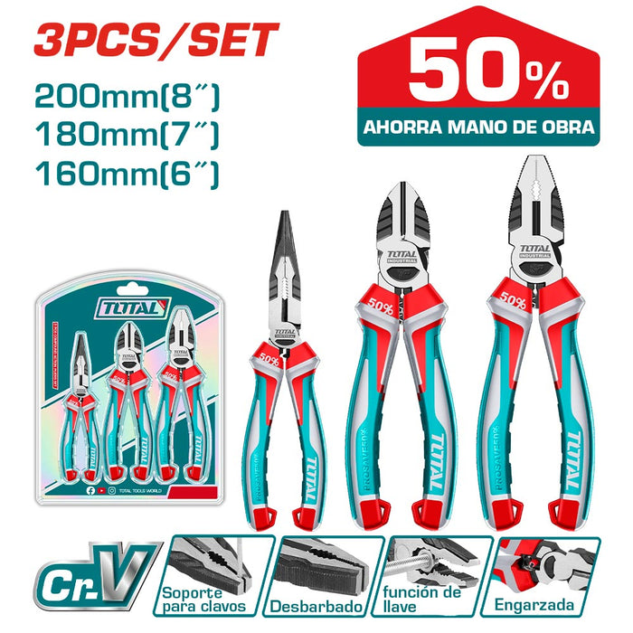 Set Profesional de Alicates Total Tools 3 Piezas Acero Templado de Alta Resistencia