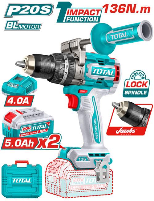 Taladro Percutor Inalámbrico Brushless 20V 136Nm Total Tools