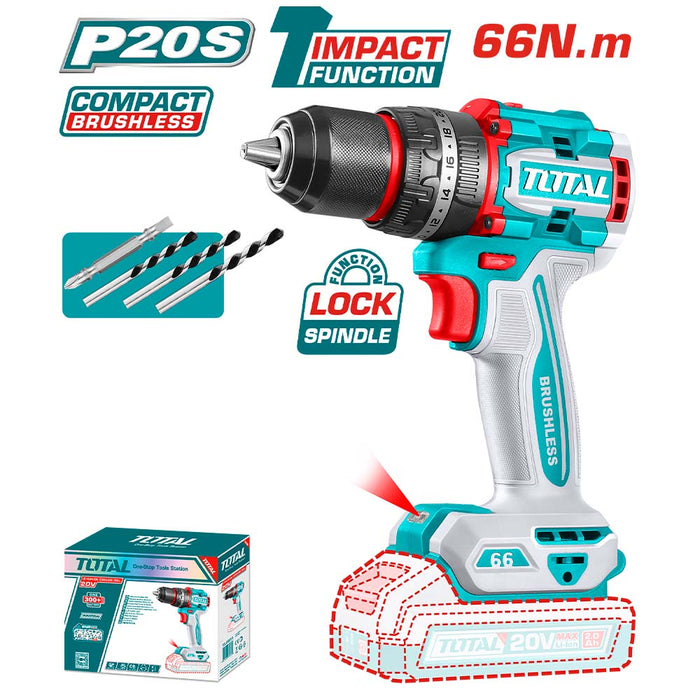 Taladro Percutor inalambrico 20V TOTAL 66NM