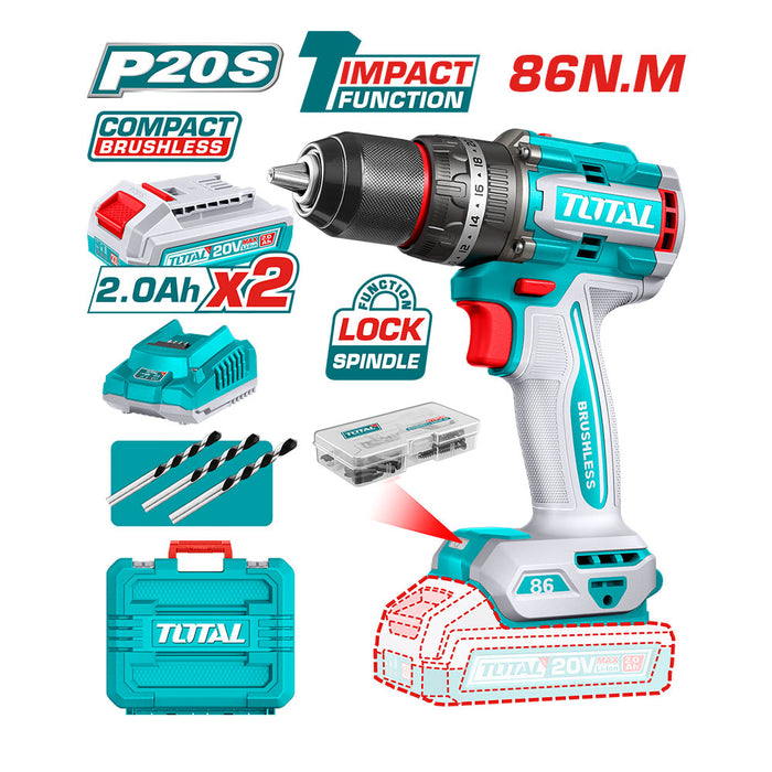 Taladro Percutor Inalámbrico 20V 86Nm + 2 Baterías y Cargador