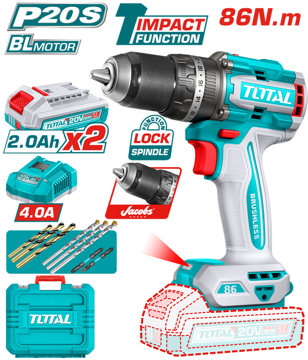Taladro Percutor Inalámbrico 20V Brushless 86Nm Industrial + 2 Baterias