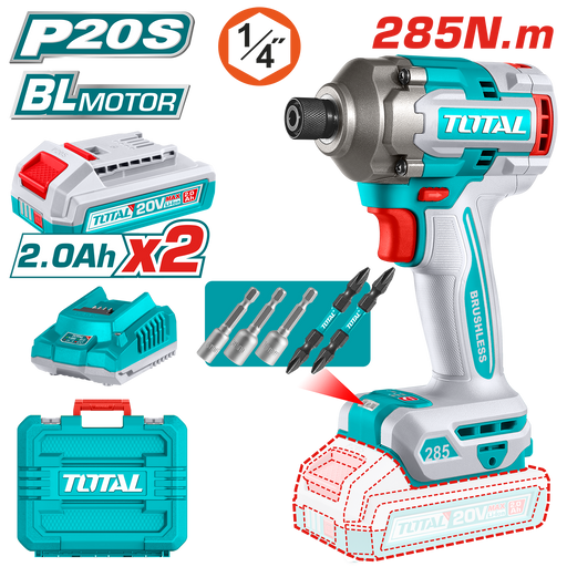 Atornillador de Impacto Inalámbrico 20V 285Nm + 2 Bat y Car Total