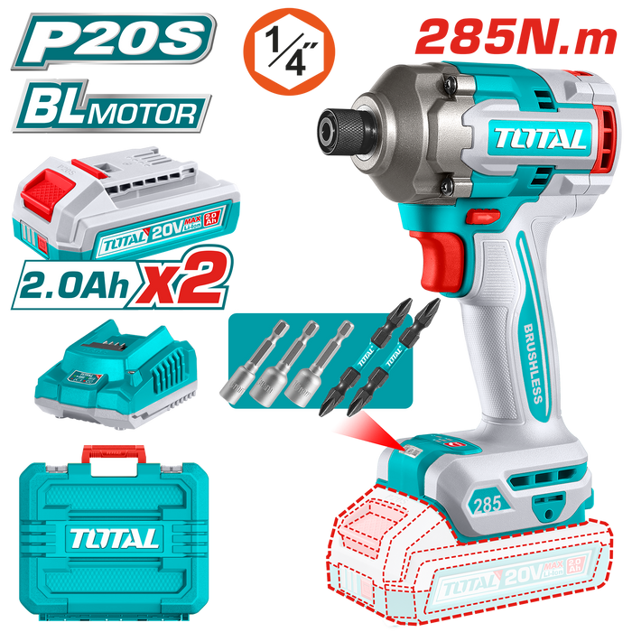 Atornillador de Impacto Inalámbrico 20V 285Nm + 2 Bat y Car Total