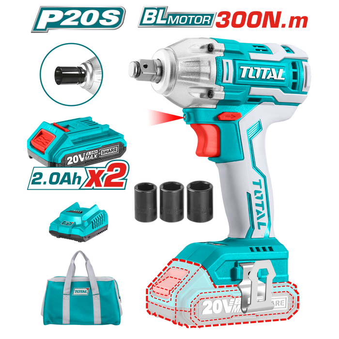 Llave de impacto inálambrica 1/2'' 13MM + 2 bat + 1 car 20V TOTAL