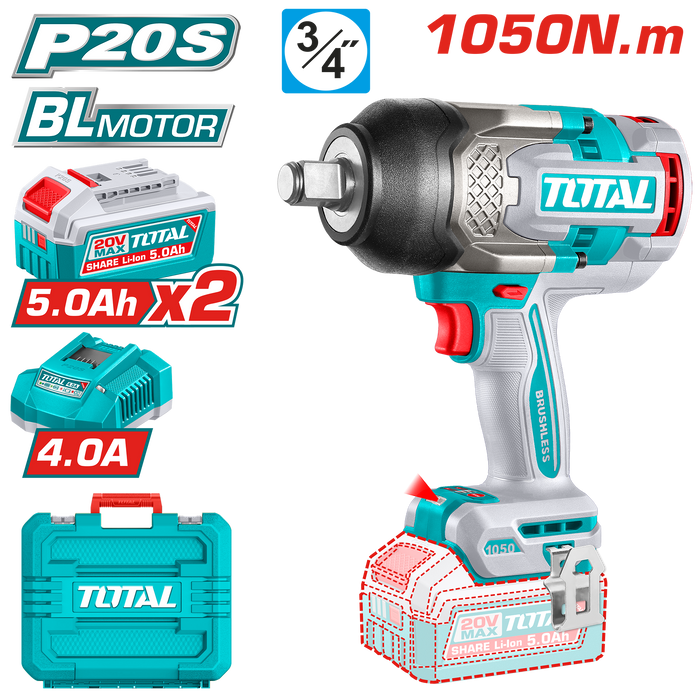 Llave de Impacto Inalámbrica 3/4" 20V 1050Nm + 2 Baterías y Cargador