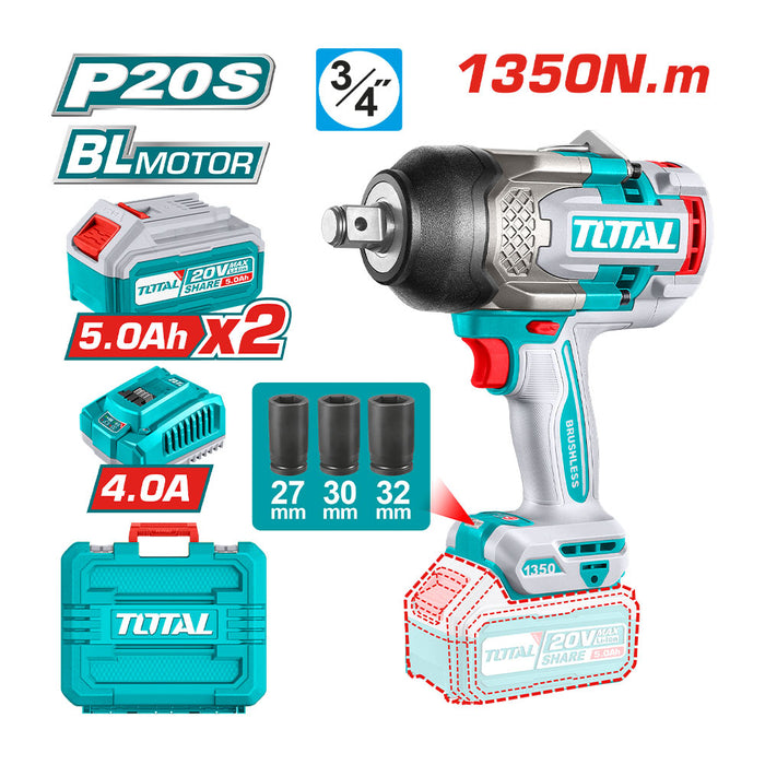 Llave de Impacto Inalámbrica 3/4 1350Nm + 2 Bat + Car