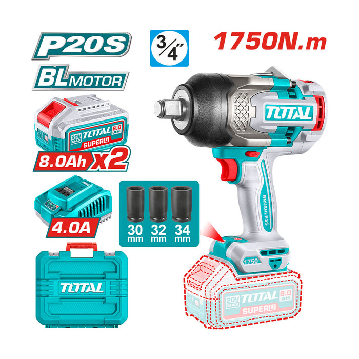 Llave Impacto Inalámbrica 3/4 1750Nm 20v + Accesorios Total