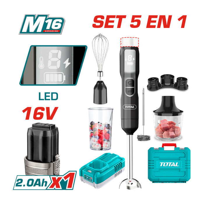 Batidora de Mano Minipimer inalámbrica + 1 batería 2ah + cargador + 4 accesorios 16V TOTAL