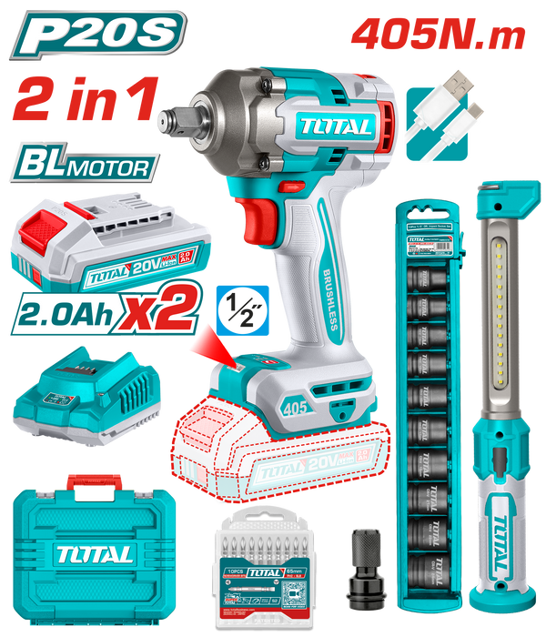 Llave Impacto 405Nm 20v 1/2» + Linterna + 2 Baterías + Dados