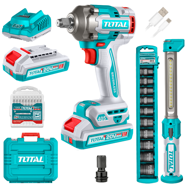 Llave Impacto 405Nm 20v 1/2» + Linterna + 2 Baterías + Dados