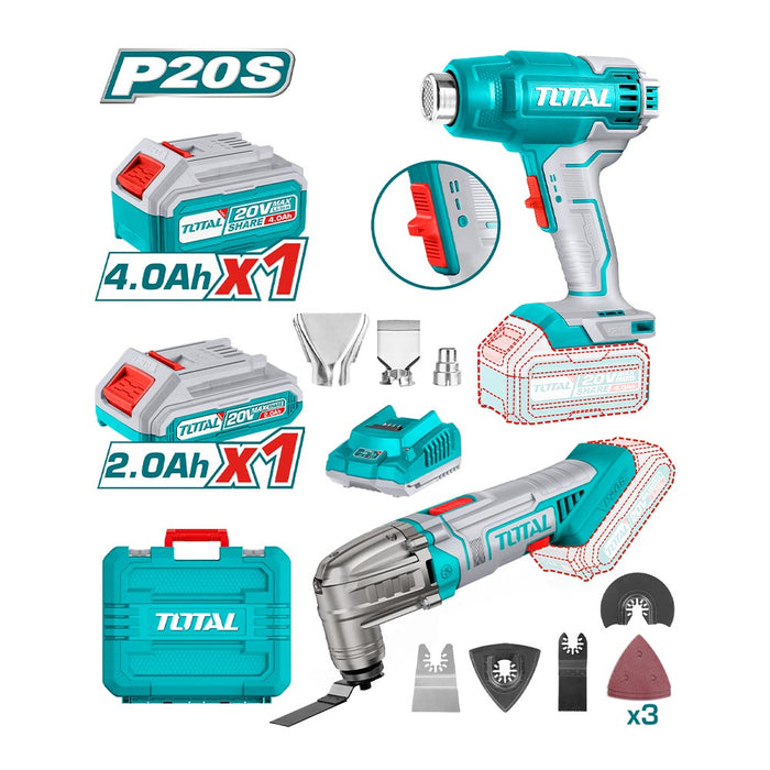 Multiherramienta Oscilante 20v + Pistola de Calor 550°C + 1 Bat 4ah + Bat 2 ah + Cargador + Accesorios Total