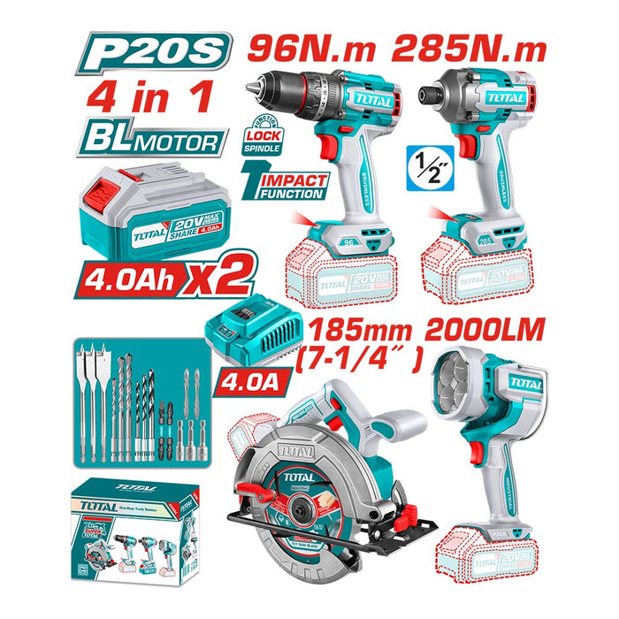 Kit 20V Taladro 96 Nm + Atornillador Imp 285Nm + Sierra Circ 4" + Linterna Total