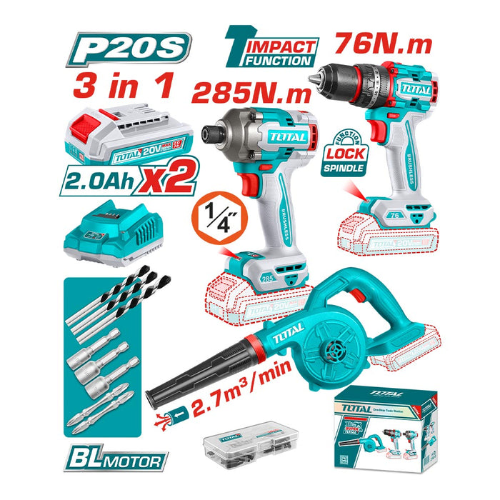 Kit Inal Taladro 76Nm+ Atornillador Imp 285Nm + Soplador 20V