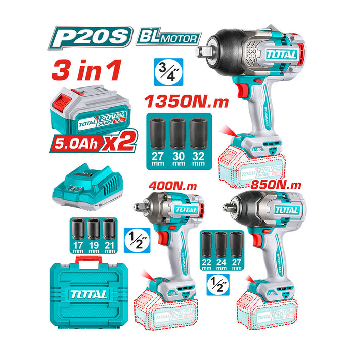 Kit Llaves de Impacto Inalámbrica 400Nm - 850Nm - 1350Nm 20V