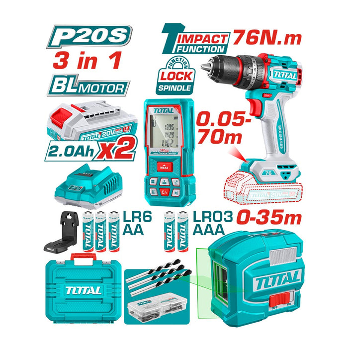 Kit Taladro Inalámbrico 76Nm + Medidor de Distancia y Nivel Laser + Accesorios