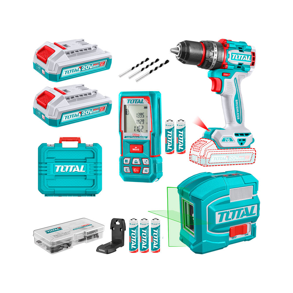 Kit Taladro Inalámbrico 76Nm | Incluye Medidor y Nivel Láser