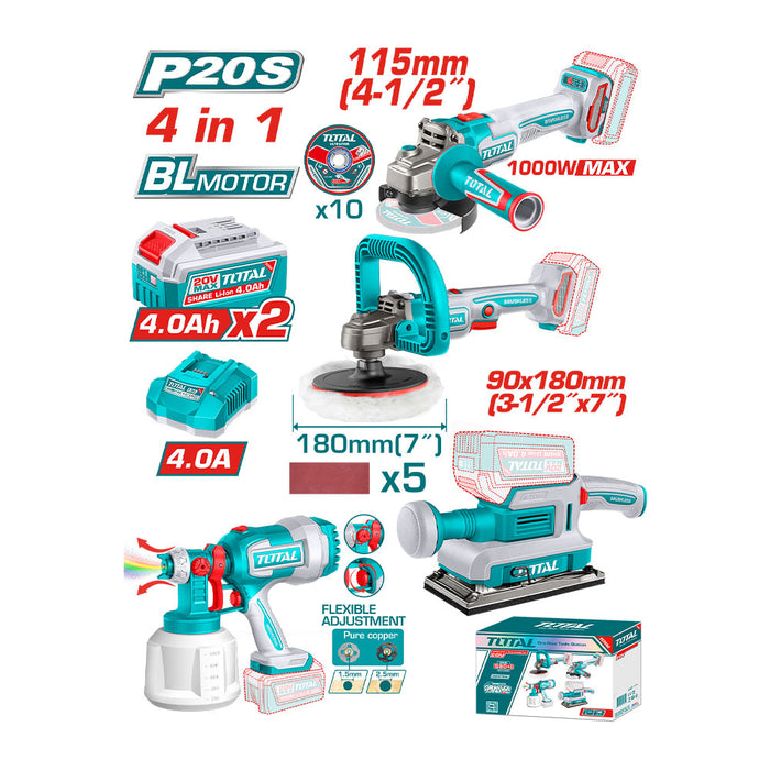 Kit Inalámbrico Esmeril 115mm + Pulidora + Lijadora + Pistola de Pintar + Acc