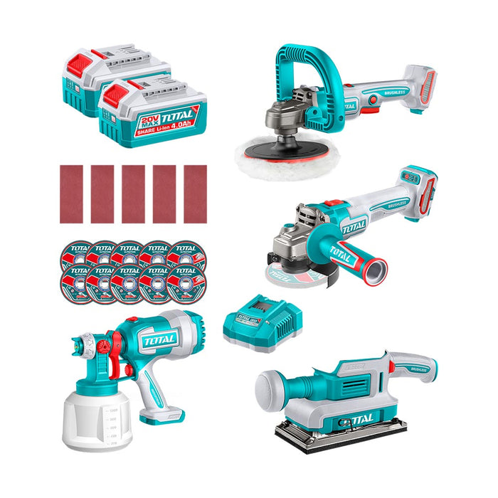 Kit Inalámbrico Esmeril 115mm + Pulidora + Lijadora + Pistola de Pintar + Acc