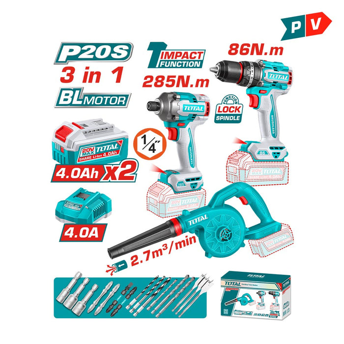 Kit Taladro 86Nm + Atornillador 285nm + Soplador 20V + Acc - ENTREGA DESDE 20 DE DICIEMBRE