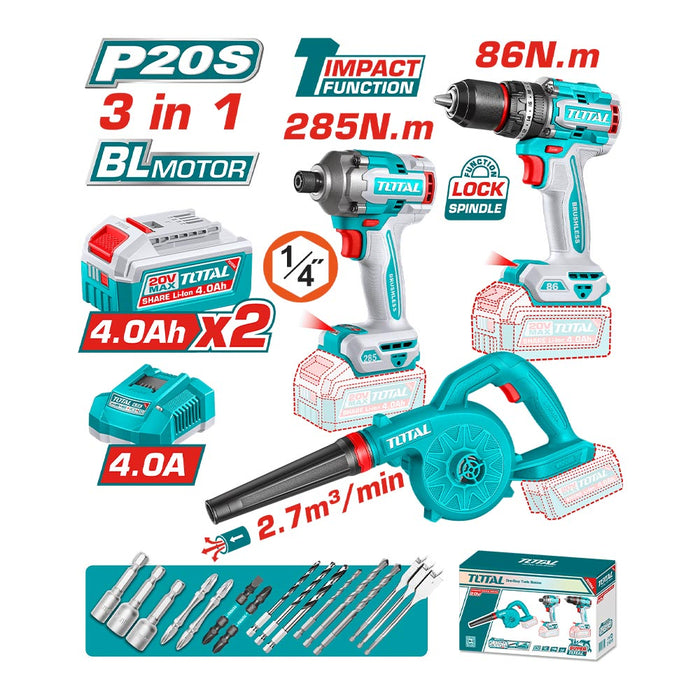 Kit Taladro 86Nm + Atornillador 285nm + Soplador 20V + Acc