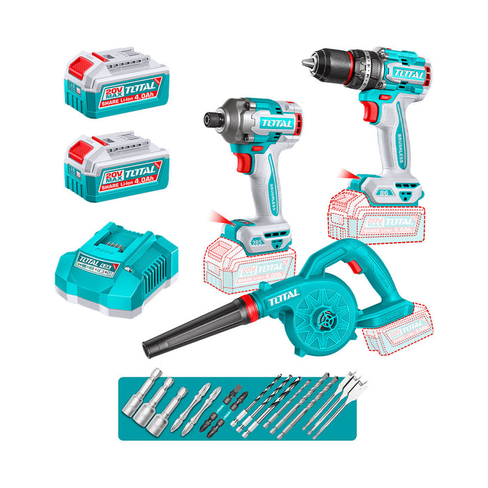 Kit Taladro 86Nm + Atornillador 285nm + Soplador 20V + Acc