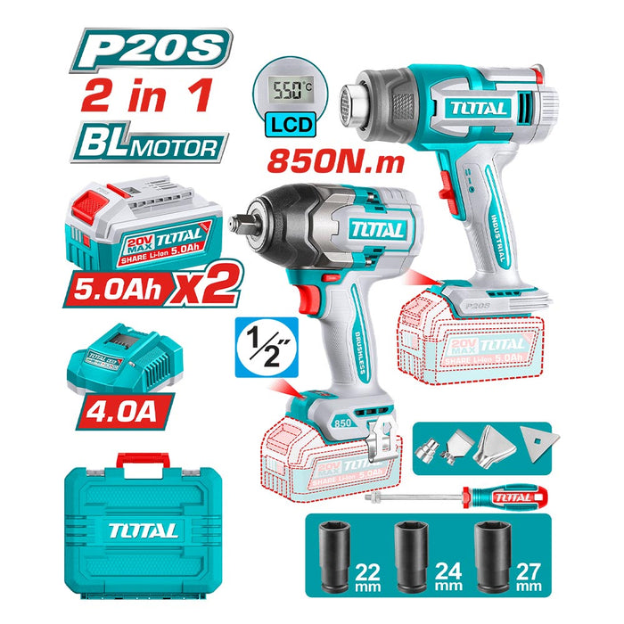 Kit Llave Impacto 850Nm + Pistola Calor 550 °C + Accesorios