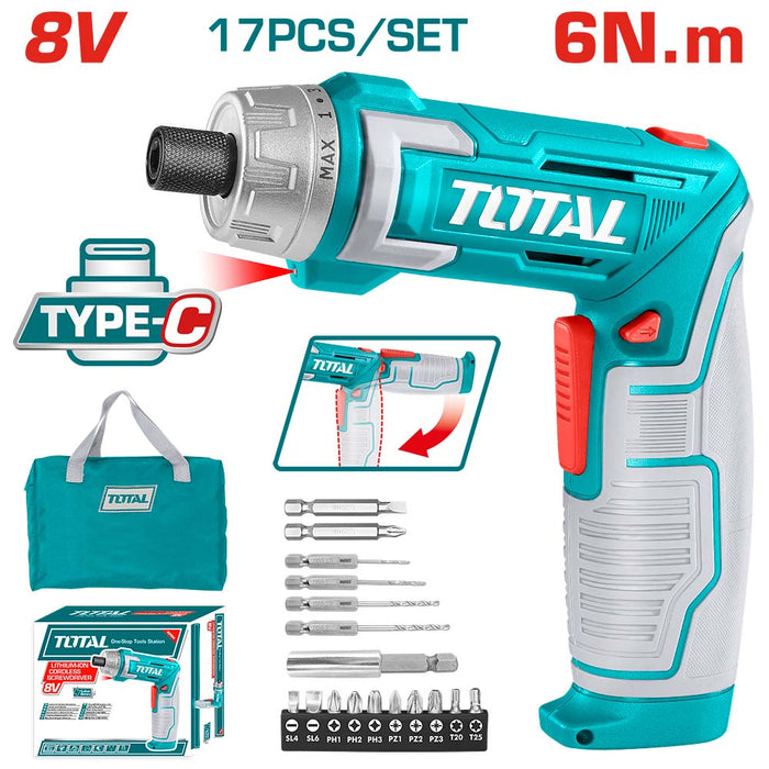 Atornillador Inalámbrico 8V Total Tools | 17 Accesorios + Bolsa