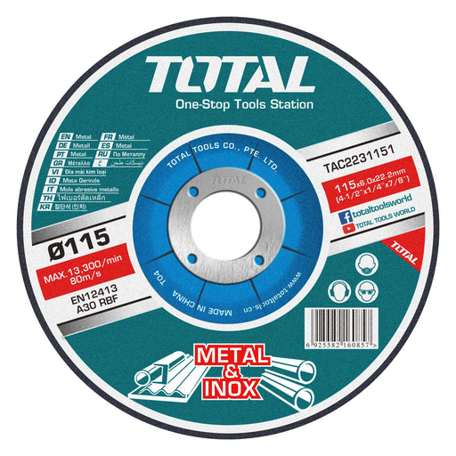 Disco de desbate para metal 4 1/2'' (115X6.9X22.2MM) TOTAL - Total Tools